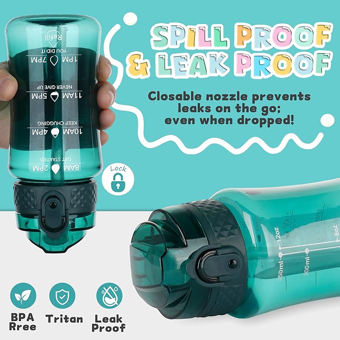 OLDLEY 12oz Kids Water Bottle for school Girls Boys, Motivational Water Bottles With Silicone Straw, Leak-Proof Tritan BPA-Free, Reusable water bottles for kids, Trout Green