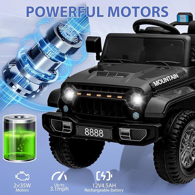 Garvee 12V Kids Ride On Truck Car, Battery Powered Electric Vehicles with Remote Control, Spring Suspensions, 3 Speeds, LED Lights, Music, MP3, Ride On Toy Car for Children Toddles Boys Girls, Black