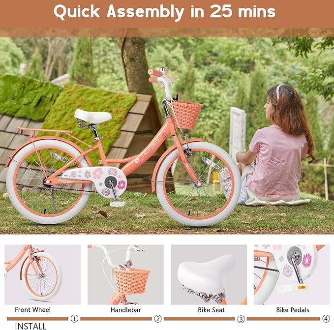 Glerc Maggie Girls Bike, 12-20 Inch Kids Bike for 2-13 Years Old Children, Princess Style Kids Bicycle with Doll-Seat & Basket & Training Wheels, Multiple Colors