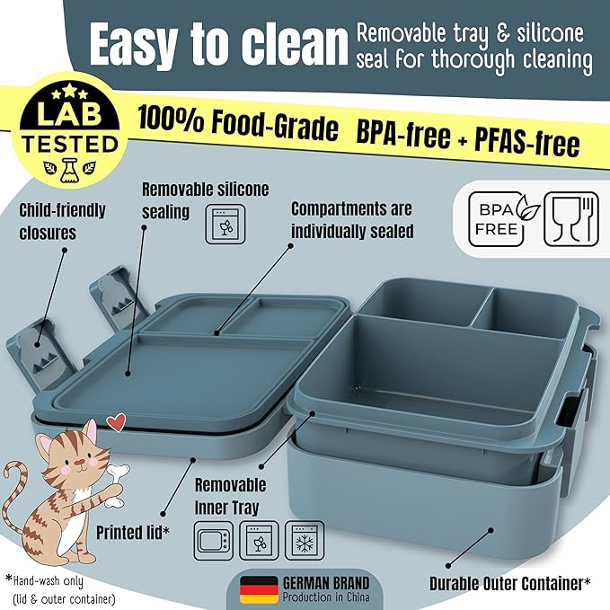 Kids Lunch Box with Compartments – Compact & Lightweight | Leak-Proof, BPA-Free, Dishwasher & Microwave Safe | Hand-Drawn Design for Preschool, School, Travel (Firetruck Bunnies Blue, 2.75 Cups)