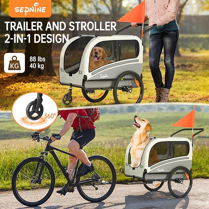 Sepnine Dog Bike Trailer, Supports up to 88 lbs, 2-in-1 Pet Stroller Cart Bicycle Carrier, Easy Folding Cart Frame with Quick Release Wheels, Universal Bicycle Coupler, Non-Slip Floor, Internal Leash