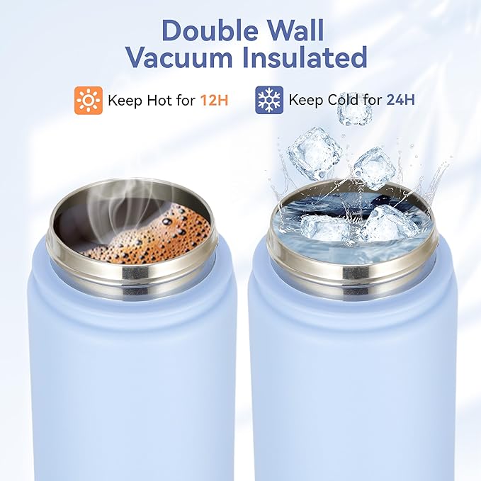 HASLE OUTFITTERS Insulated Water Bottle 16 oz Double Wall Vacuum Stainless Steel Water Bottle Leak Proof for School Wide Mouth with Straw Lid & Spout Lid Keeps Cold and Hot(Light Blue,8pack)