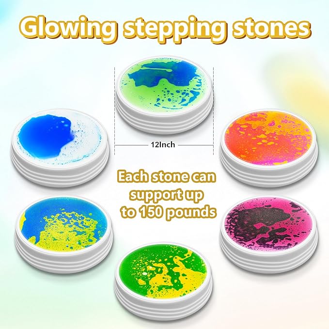 Light Up Liquid Stepping Stones - 1 Round Yellow Green Liquid Stepping Stone with 7 Glowing Colors, Indoor Obstacle Training Balancing Stepping Stone Toy for Kids Ages 3 4 5 6 and Up.