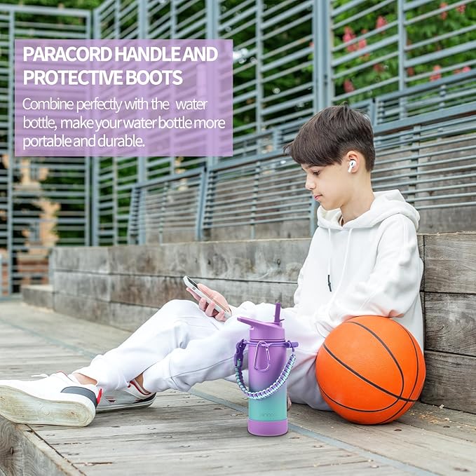 Mininoo Stainless Steel Water Bottle for School, 16oz Insulated Metal Water Bottle with Straw Lid for Girls, Boys (Purple/Sky)