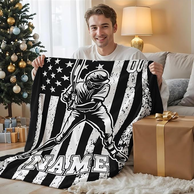 Baseball Gifts Personalized Boys Blankets for Kids Teens Adults, Custom Name 80x60 Inches Twin Size Lightweight Soft Comfy Flannel Throw Blankets for Couch Bedding Living Room Home Decor