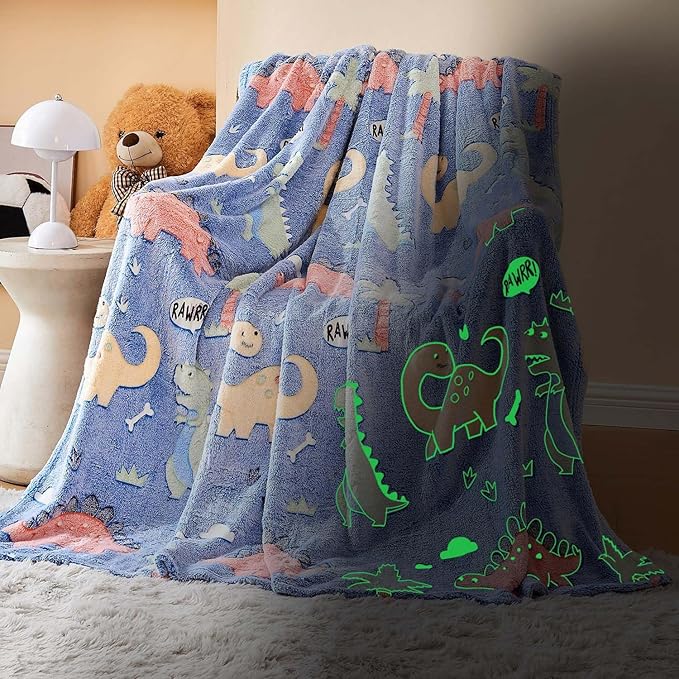 Wajade Dino Gifts Toys for Boys Girls - Glow in The Dark Dinosaur Blanket Birthday Christmas Decor for Kids Age 3 4 5 6 7 8 9 10 11 12 Years Old Teens Child Toddler Throw Colorful 50"x60"