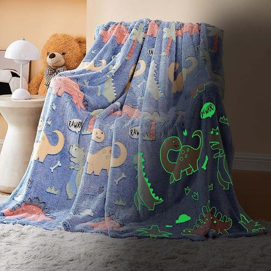 Wajade Dino Gifts Toys for Boys Girls - Glow in The Dark Dinosaur Blanket Birthday Christmas Decor for Kids Age 3 4 5 6 7 8 9 10 11 12 Years Old Teens Child Toddler Throw Colorful 60"x80"