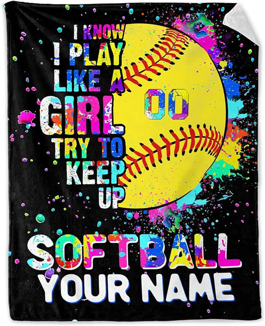 Personalized Softball Throw Blanket for Teens - 50x60 Inches Plush Softball Blankets for Girls - Black Warm Soft Throws for Sofa, Bed & Travel