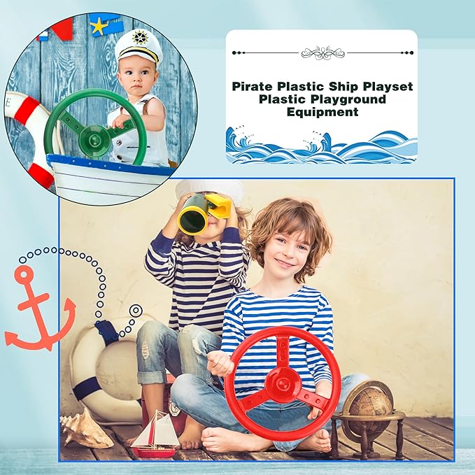 2 Pack Steering Wheel Playset Plastic Pirate Ships Wheel with Mounting Tools for Kids Playground Outdoor Gym (Green, Red)