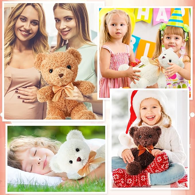 HyDren 12 Pack 12 Inch Stuffed Bear Animal Cute Bulk Plush Toys with Ribbon Bow Ties Soft Bears for Baby Shower Birthday Party Favors(Light Brown, Dark Brown, White)
