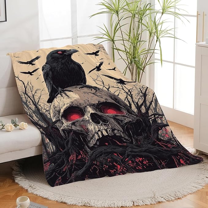 Skull Blanket Skeleton Throw Blanket Crow Gifts for Men Women Boys Girls Kids Adults Super Soft Cozy Plush Fluffy Fuzzy Fleece Blanket Decor 50''X60''