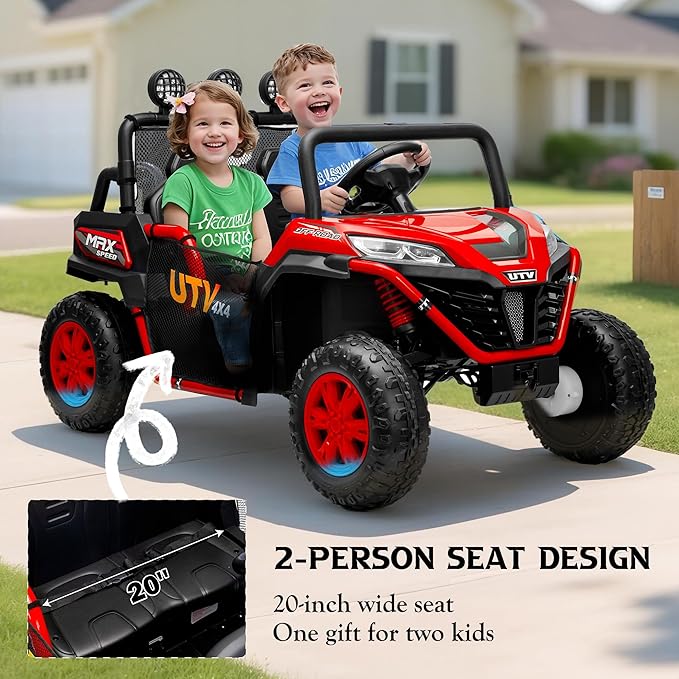 24V 2 Seater Ride on UTV Car, 4WD Ride on Toys for Kids with Remote Control, Shock Absorbers, LED Lights, Music, Off-Road Electric Car for Kids Boys Girls (Red)
