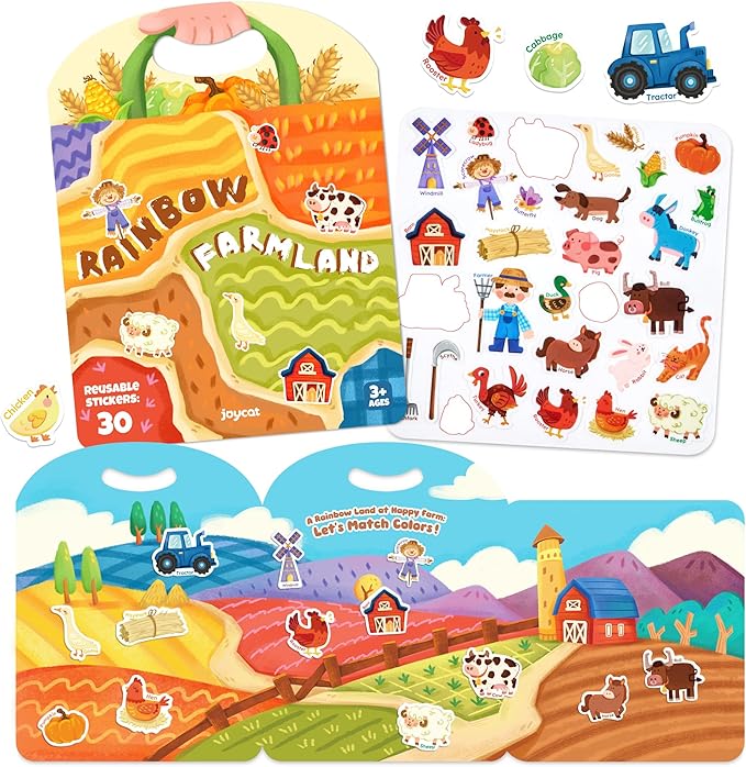 JoyCat Reusable Sticker Book - Jelly Animal Stickers for Toddlers, Kids Sticker Activity Book, Travel Toys for Road Trip, Car & Airplane, Educational Learning Gifts for Boys and Girls Ages 3-5 (Farm)