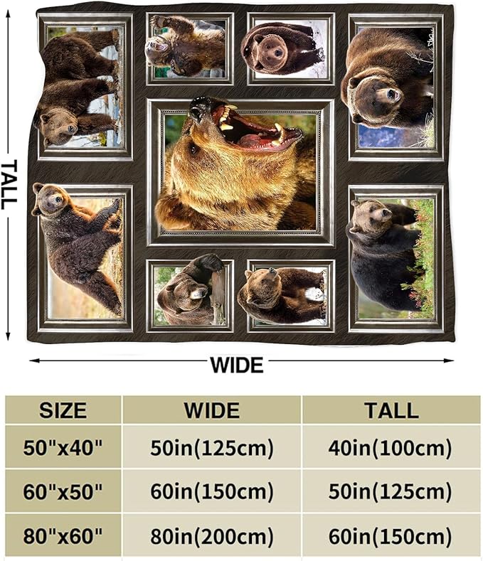 Bear Blanket Fleece Soft Warm Plush Wild Animal Throw Blankets Lightweight Plush Fuzzy Cozy Brown Bear Blanket Gifts for Kids Adults Suitable for Couch Sofa Bed 80"X60"