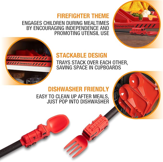 Dinneractive Dining Set For Kids - 3PC Red Firefighter Dinnerware - Fire Truck Utensils - Toddler Plates - Baby Dishes