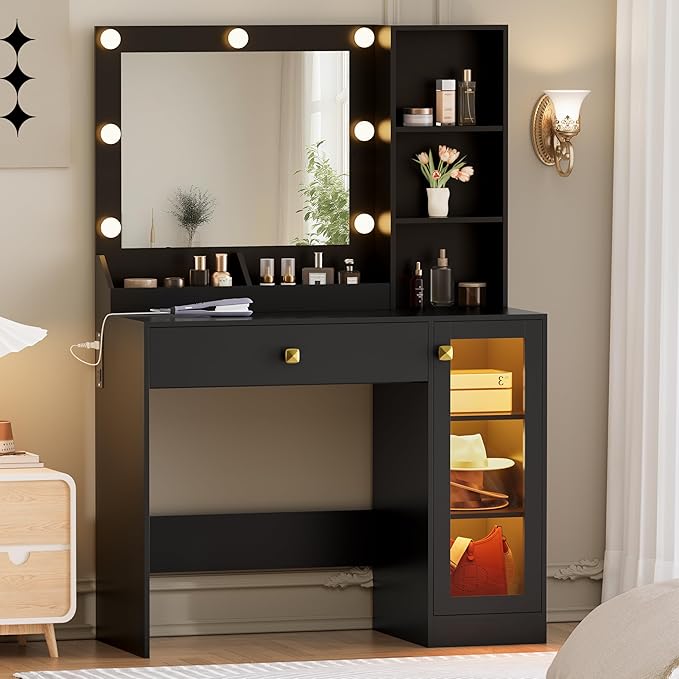 Makeup Vanity with Mirror and Lights & Power Outlet, 34'' Small Vanity Desk with Drawers and Storage Cabinet & Makeup Tray, Dressing Table for Girls Bedroom Dressing Room, Black