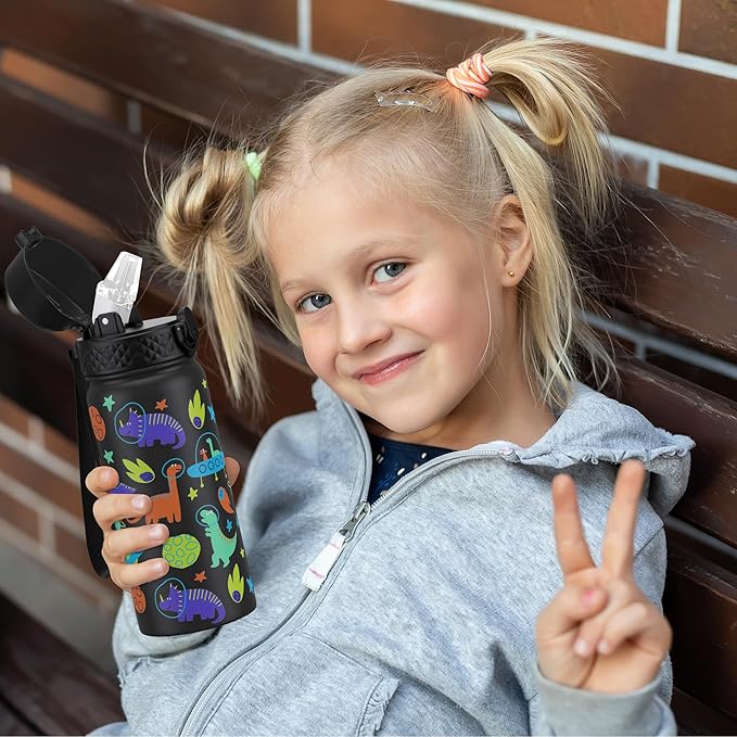 GOPPUS Kids Water Bottle (Straw Lid) - 18 Oz Stainless Steel Travel Bottle, Double Wall Vacuum Leak Proof Kids Cup for School Boys Girls,Space dinosaur