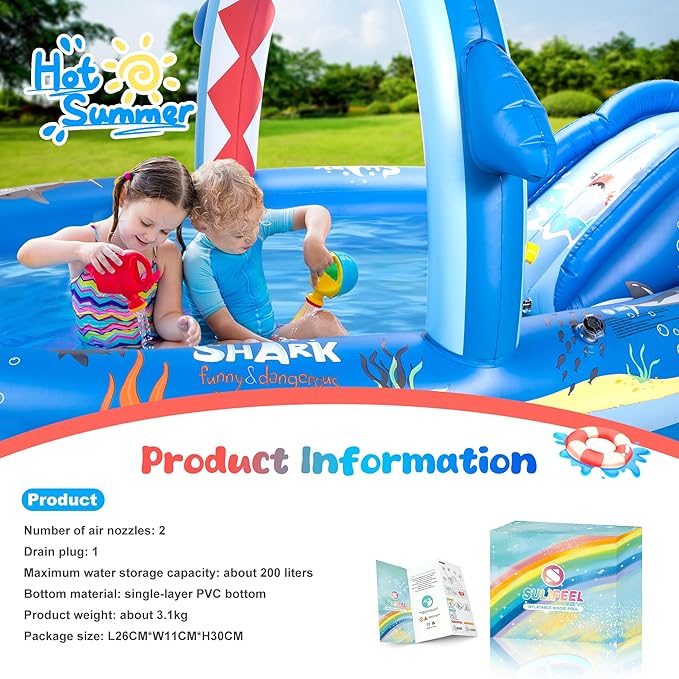 SULIFEEL Dinosaurs Inflatable Play Center Kiddie Pool with Slide and Sprinkler for Children, 96''x59''x39'' Baby Pool for Backyard and Garden, Free Inflatable Pump