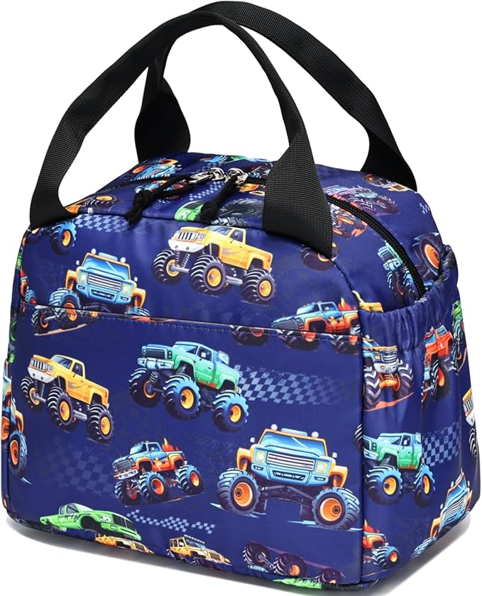 Lunch Box Kids Insulated Lunch Bag Large Reusable Leakproof Cooler Lunch Bags for Boys Girls School Travel Picnic (Navy-Vehicle)