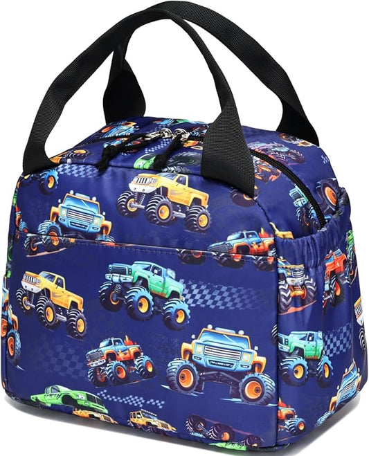 Lunch Box Kids Insulated Lunch Bag Large Reusable Leakproof Cooler Lunch Bags for Boys Girls School Travel Picnic (Navy-Vehicle)