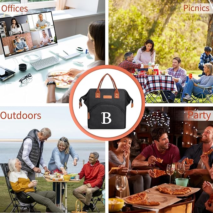 Personalized Lunch Box for Women, Initial Reusable Insulated Lunch Bag, Wide-Open Adult Lunchbox Cooler Lunchbag, Leakproof Lunch Tote for Picnic Work Outdoors, Christmas Gift for Women, Black - G