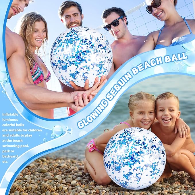 12 Pack 12 Inch Glow in The Dark LED Beach Ball Jumbo Confetti Glitters Inflatable Ball Swimming Pool for Party Pool Summer(Blue)