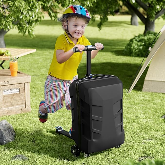 Scooter Suitcase 3-D Hardshell Ride Scooter Luggage for Kids Age 7-15, Cute Lightweight Kids Luggage with Wheels, Girls&Boys Multifunctional Ride On Travel Trolley Scooter Combo-Black