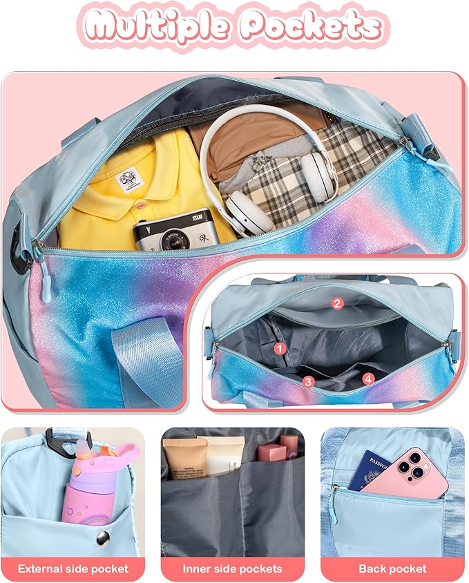 Birthday Gift for Daughter-Girl Gym Bag with Shoe Compartment, Kid Weekender Overnight Bags, Initial Travel Tote with Makeup Pouch, Gift for 3 4 5 6 7 8 9 Year Old Girls (Letter A)