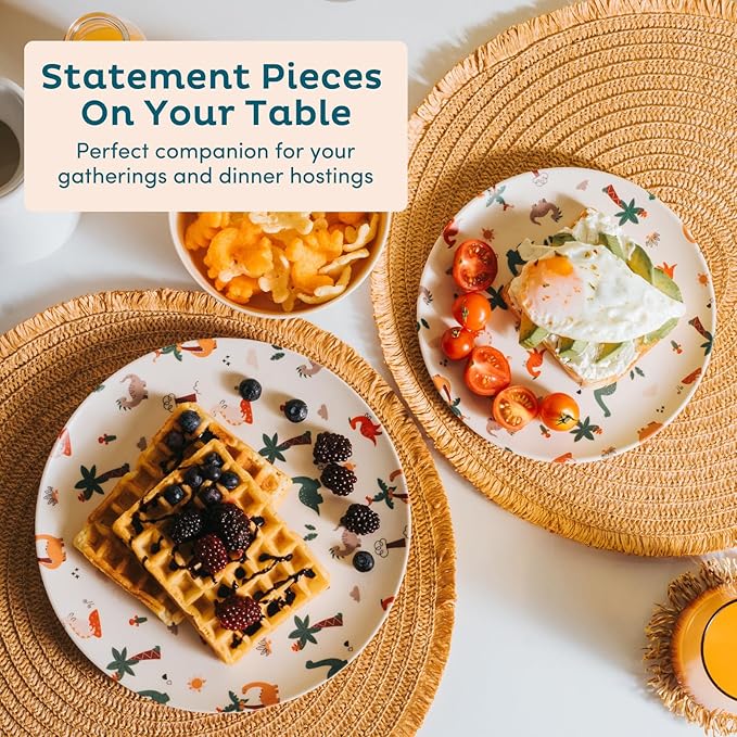 Nook Theory 4 Pack Reusable Bamboo Plates - Non-Toxic Toddler and Kids Plate, Dishwasher Safe, Not Microwavable Dinnerware (Dino 8")