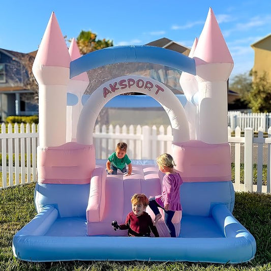 AKSPORT Inflatable Bounce House for Kids，Macaron Bouncy Castle with Air Blower & Slide & Large Ball Pool for Birthday Party, Wedding, Gift, Indoor & Outdoor，11.8FT*8.2FT*8.5FT