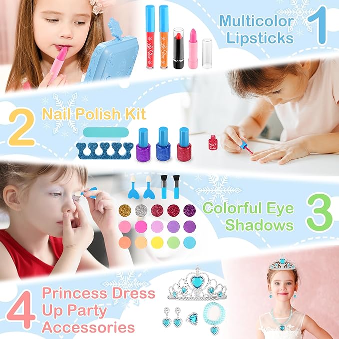 57 in 1 Kids Makeup Kit With 3-Color LED Mirror, Real Washable, Perfect Girl Birthday Gift, Age 3+