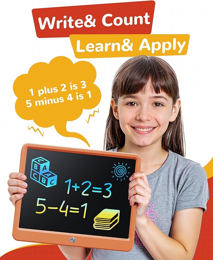 KOKODI LCD Writing Tablet, 12 Inch Colorful Toddler Doodle Board Drawing Tablet, Erasable Reusable Electronic Drawing Pads, Educational and Learning Toy for 3-6 Years Old Boy and Girls(Orange)