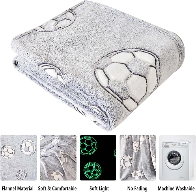 Wajade Soccer Gifts Toys for Boys Girls - Glow in The Dark Soccer Blanket Birthday Christmas Decor for Kids Age 3 4 5 6 7 8 9 10 11 12 Years Old Teens Child Toddler Throw Light Grey 60"x80"