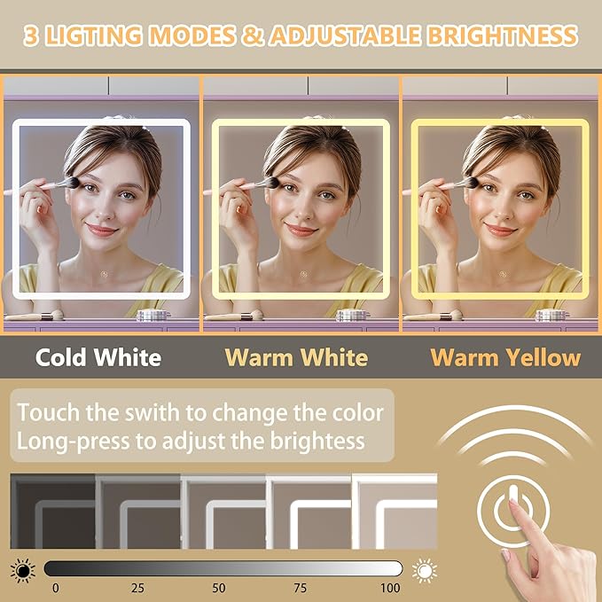 Vanity Desk with Mirror and Lights, White Makeup Vanity with Glass Top & Drawers, 3 Lighting Modes, Power Outlet, RGB Glass Cabinets, Modern Dressing Table for Women, Girls, Teens