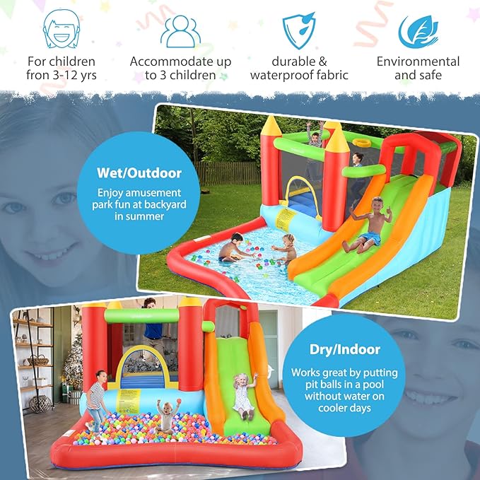 Bounce House,Inflatable Bounce Castle with Blower for Kids 3-12,Outdoor/Indoor Bouncy House Water Park for Backyard with Splash Slide,Climbing Wall,Ball Pit,Jumping Area (146" x 103" x 73")