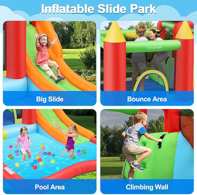 Bounce House,Inflatable Bounce Castle with Blower for Kids 3-12,Outdoor/Indoor Bouncy House Water Park for Backyard with Splash Slide,Climbing Wall,Ball Pit,Jumping Area (146" x 103" x 73")