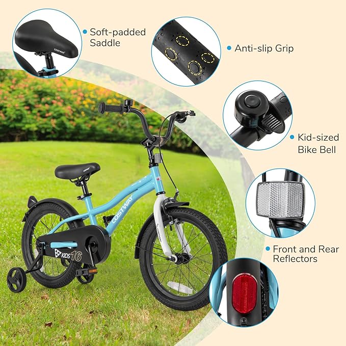 COSTWAY 12/14/16/18 Inch Kids Bike, Children Toddler Bicycle with Training Wheels, Adjustable Seat & Handlebar, Handbrake & Coaster Brake, Reflectors, Bell, Suitable for 3-8 Years Old Boys Girls
