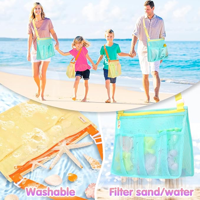 Tagitary Beach Toys Mesh Beach Bags for Kids with Zipper Collapsible Mesh Seashell Collecting Swim Pool Lake Sand Toy Storage, Boys and Girls Teens Summer Vacation Essentials