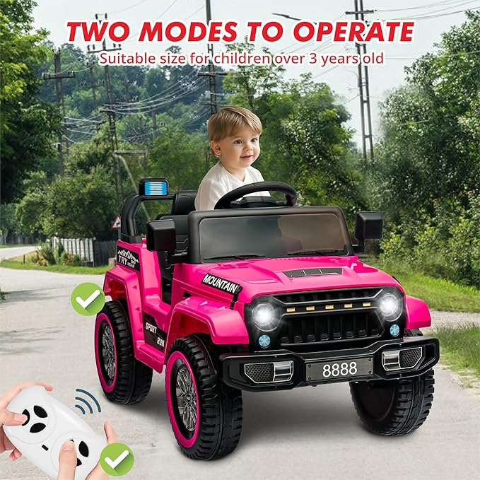12V Kids Ride-on Truck with Parent Remote Control,All-Terrain Electric Car with Twin 35w Motors, 3 Speeds & Spring Suspension,LED Lights for Fun Night Drives,Ideal Gift for Boys & Girls