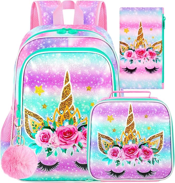 CCJPX 3PCS Unicorn Backpack for Girls, 16”Kids Bookbag with Lunch Box, Cute Water Resistant Elementary School Bag for Kindergarten Preschool Toddler