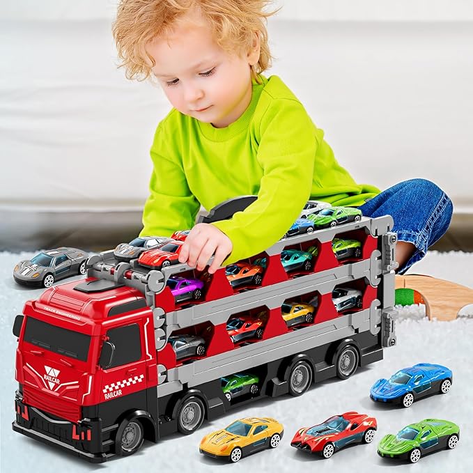 78-Inch Cars Trucks Toys for Toddler 1-3 2-4 3-5 4-7 Years Old Boys Kids, Transport Truck with 24Pcs Die-Cast Cars, Gifts for 3 4 5 6 Year Old Boys, Toddler Boy Toys Ages 3-5 4-7