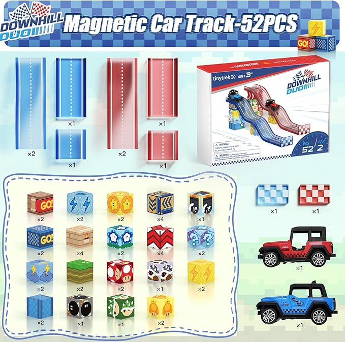 52 PCS Magnetic Tiles Race Car Track Set with 2 Racing Trucks, STEM Educational Travel Magnetic Building Blocks for Kids Ages 3-8, Montessori Sensory Toys Gifts for Toddler, Boys & Girls