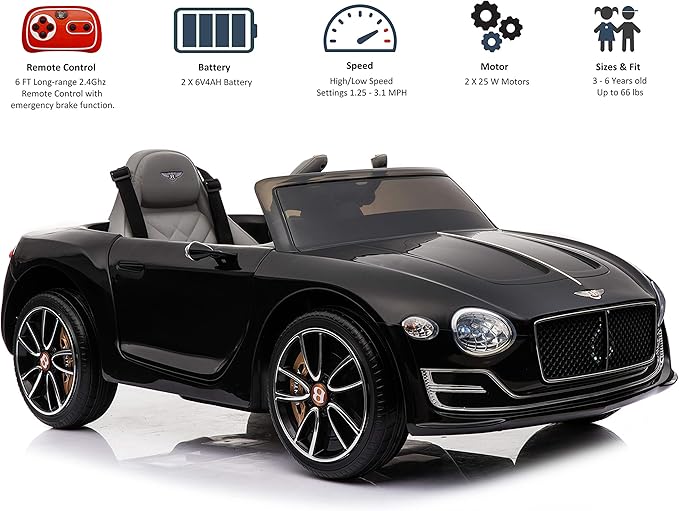 Licensed Bentley EXP12 Kids Ride on Toy Car, 12V Battery Powered Children Electric 4 Wheels w/Parent Remote Control, Foot Pedal, 2 Speeds, Music, Aux, LED Headlights (Black)