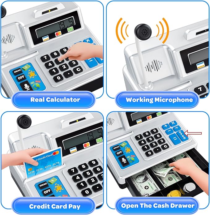 Calculator Cash Register Toy Gift for Kids Age 3, 4, 5, 6, 7, 8+ Year Old, 103 Pcs Pretend Grocery Store Playset with Toy Cash, Microphone, Credit Card, Play Cash Register for Toddlers 4-8, Silvery