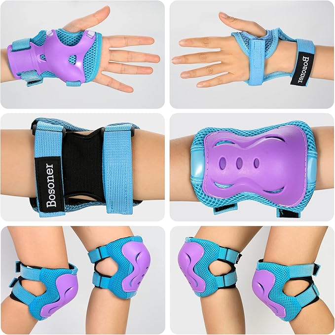 BOSONER Knee Pads for Kids Roller-Skating: Adjustable Protective Gear Set Knee Elbow Pads Wrist Guards for Bike Cycling Skateboarding Scooter Gifts 3-8/9-15 Years Boys Girls