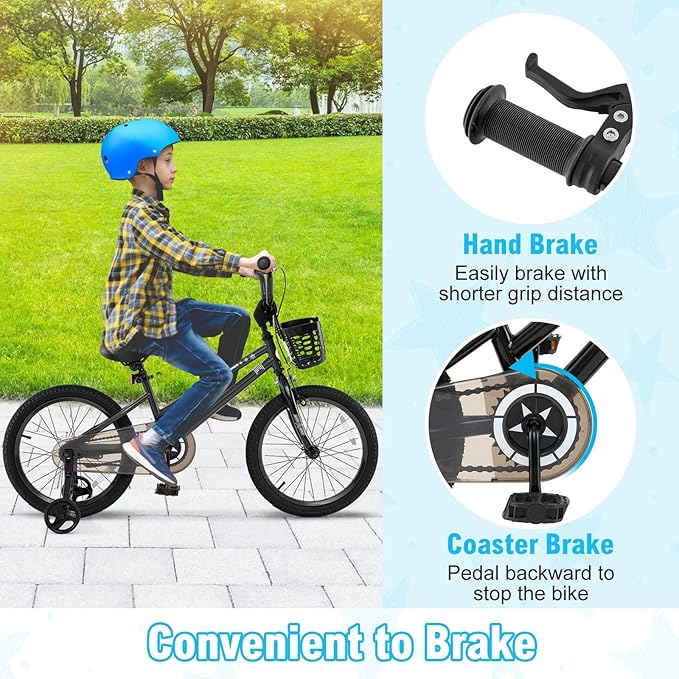 BABY JOY Starry Kids Bike, 12 14 16 18 Inch Bicycle with Training Wheels, Storage Basket, Adjustable Handlebar & Seat, Handbrake & Coaster Brake, Girls Boys Bike