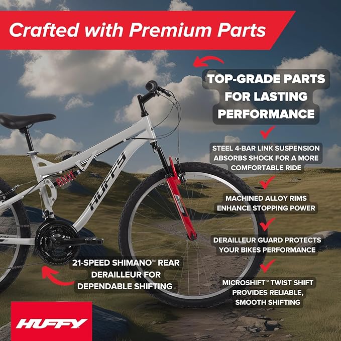 Huffy Stone Mountain Hardtail Mountain Bike for Boys/Girls/Men/Women, 20"/24"/26" Sizes, 6 or 21 Speed Shimano Twist Shifting, Front or Dual Suspension, Comfort Saddle, Sleek Colors