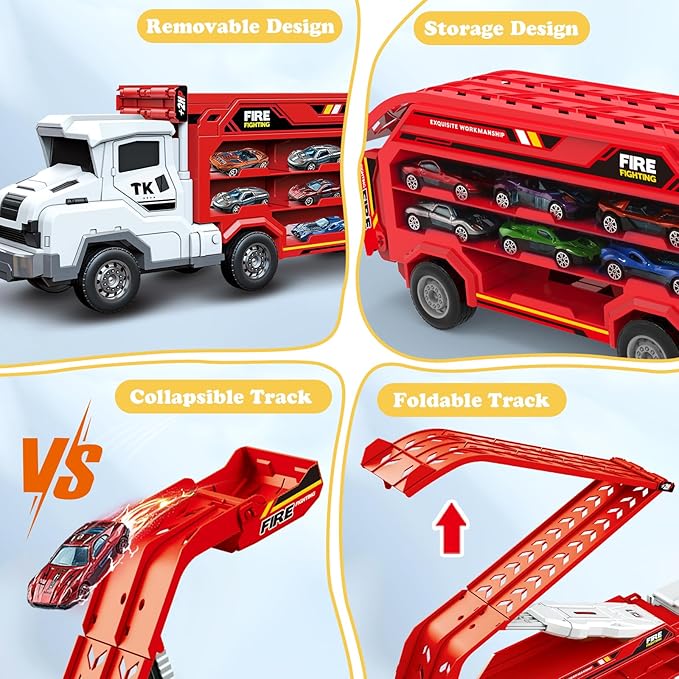 Toddler Car Truck Toys,Car Carrier Trucks Toy for Kids Age 3-5 4-8,Foldable Car Track Sets with 2.8-Ft Race Track and 6 Die-Cast Race Cars, Truck Toys Gifts for 3 4 5 6 7 8+ Year Old Boys Girls(Red)