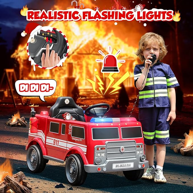 ELEMARA 12V Ride on Fire Truck, Battery Powered Toddler Electric Vehicle w/Parent Remote Control,Ride on Car for Kids,Siren-Call,walkie-talkies, Flashing Lights,Fire Extinguishers, Bluetooth,Music,UBS