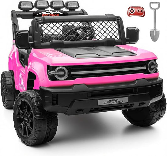 24V Ride on Toys for Big Kids, 2 Seater Electric Car w/22'' Large Seat, Remote Control, Shovel, 4X200W Engines, 4WD/2WD Switchable, Truck Bed Storage, Ride On Truck Toy for Boy Girl, Pink